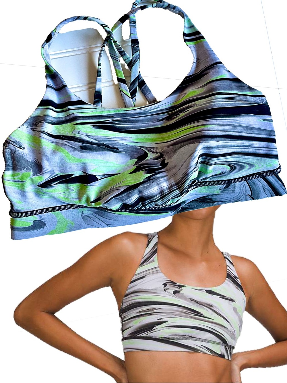 lululemon Energy All-Sport Bra + Pads Med Support Marbled Grey Green Size 8 EUC
